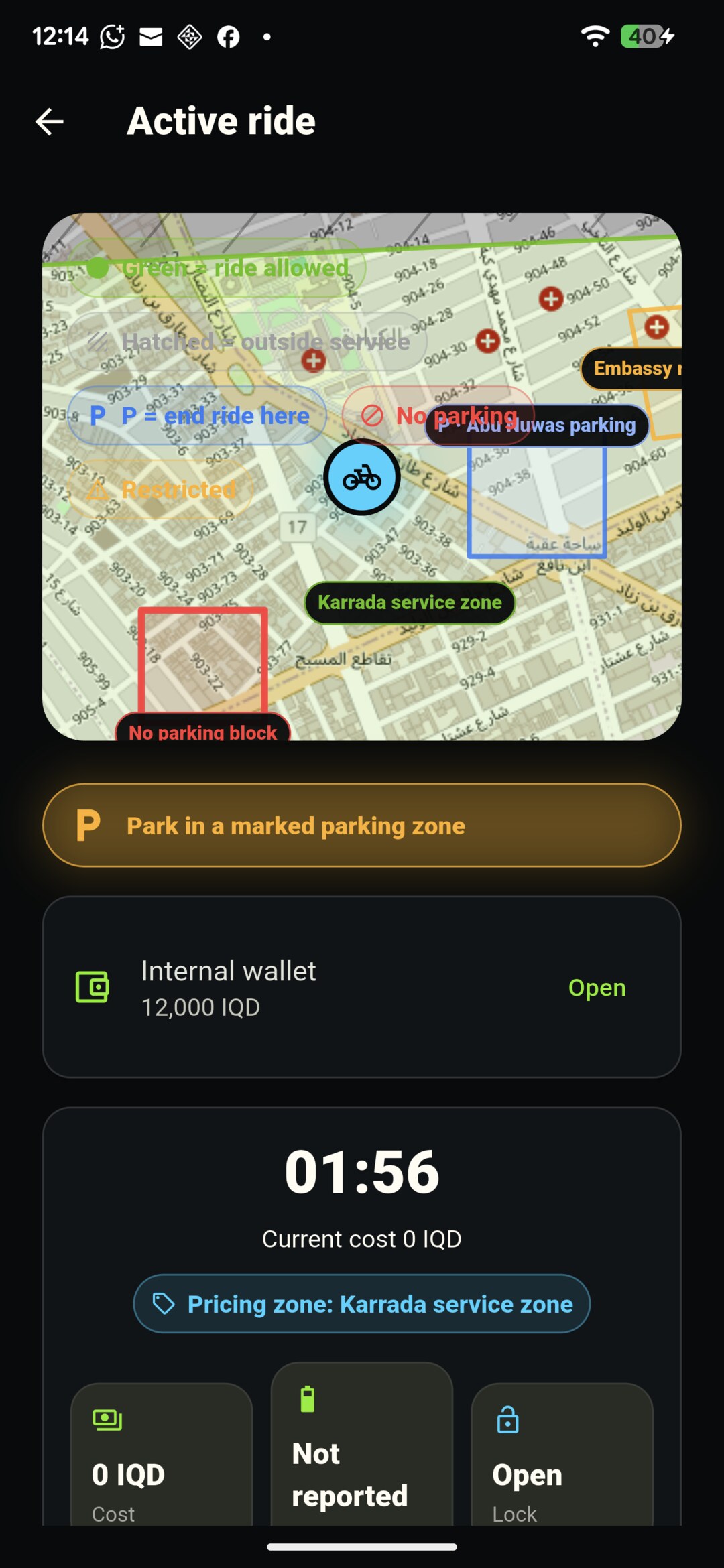 Active ride screen with live timer, map and lock status